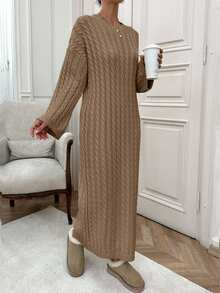 EURMUSE Women Cable Knitting Maxi Sweater Dress - Camel - View 4