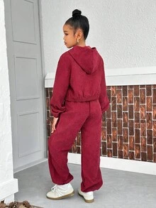 SHEIN Sparklyn 2pcs Girls Casual Long Sleeve Hooded Top And Pants Set, Spring/Autumn - Burgundy - View 2