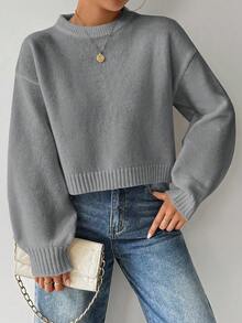 EMERY ROSE 女式纯色简约休闲圆领长袖白色毛衣 - 灰色 - 查看 5