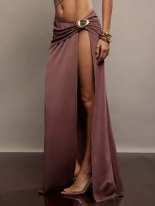 Hauture Falda larga elegante y sexy con abertura alta, decoración de metal y drapeado para mujer, ideal para fiestas y salir - Marrón - Ver 4