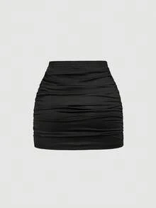 SHEIN MOD 2pcs Women's Casual Minimalist Ruched Bodycon Mini Skirt Set,Halloween Costumes,Vacation Outfits Women,2000s Clothes, Costume - Multicolor - View 6