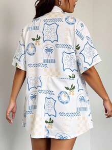 INAWLY Plus Size Women Tropical Print Shirtdress