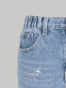 SHEIN Tween Girls Y2K 风格中蓝色复古阔腿牛仔裤，带水钻蝴蝶装饰，适合所有季节的时尚休闲牛仔裤