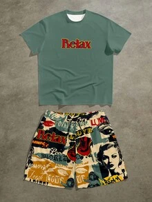 Manfinity ZONE917 Men's Letter Print Round Neck Short Sleeve Casual T-Shirt And Drawstring Waist Shorts Set Men Casual Graphic Letter Print Short Sleeve T Shirt And Shorts Set