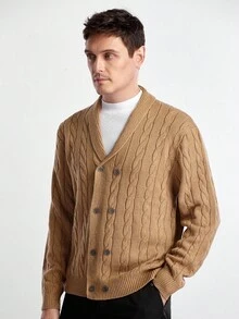 Manfinity CityGents 男士休闲纯色双排扣开衫，秋冬 - 卡其色 - 查看 3