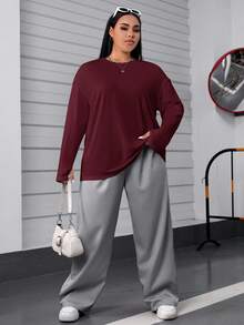 SHEIN EZwear 秋季大码休闲百搭酒红色长袖T恤 - 酒紅色 - 查看 4