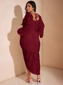 SHEIN BAE Đầm xòe tay dài màu hồng, cổ xếp nếp, tay dài, đính kim sa lấp lánh gợi cảm dành cho nữ cỡ lớn, thanh lịch, quyến rũ - Màu Đỏ Sâu - Xem 2