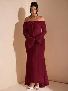 SHEIN BAE 女士优雅露肩白色蕾丝长袖超长美人鱼裙，适合婚礼、派对、伴娘服、白色毕业礼服 - 酒紅色 - 查看 6