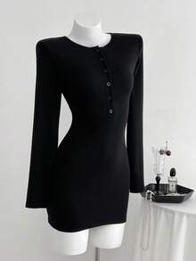 Elamini 1pc Women's Black Ribbed Knit Bodycon Mini Dress, Stretchy, Button Decor, Deep V-Neck, Hollow-Out Sexy Back, Fitted Waist, Suitable For Daily Wear, Commute, Back To School - Black - View 7