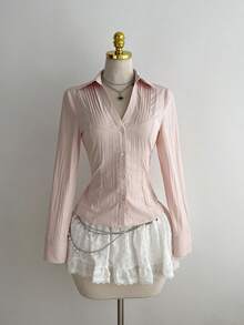 Elamini 1 Áo cánh nữ cổ chữ V xếp ly ôm vừa vặn, gợi cảm & đa năng, tay dài, mùa thu - Hồng - Xem 1