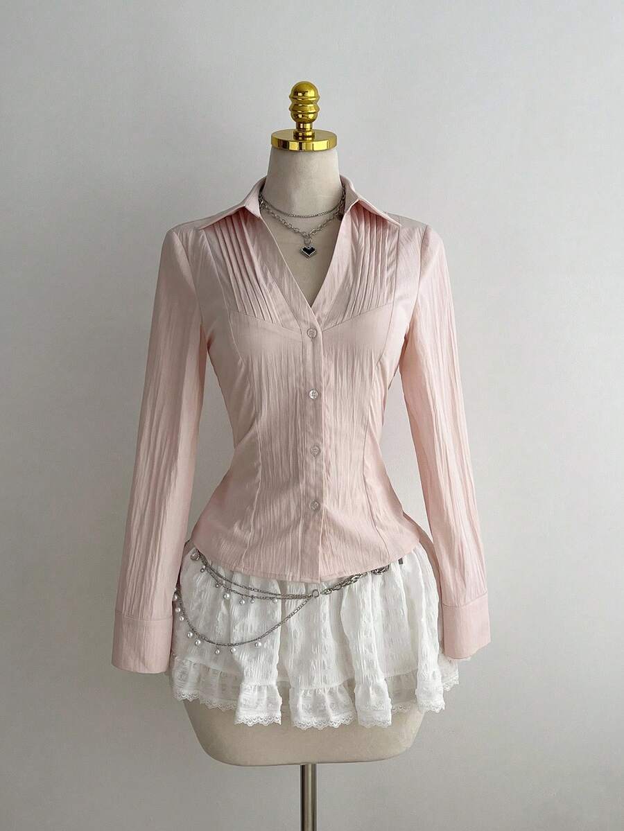 Elamini 1 Áo cánh nữ cổ chữ V xếp ly ôm vừa vặn, gợi cảm & đa năng, tay dài, mùa thu - Hồng - Xem 1