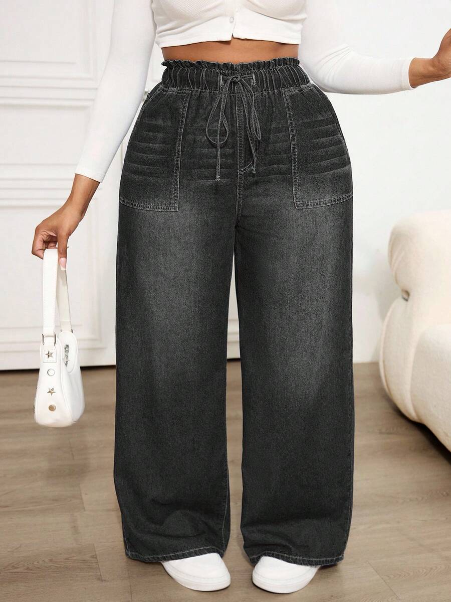 Dripcurv 大码休闲宽松松紧腰直筒牛仔裤，蓝色 - 深灰色 - 查看 1