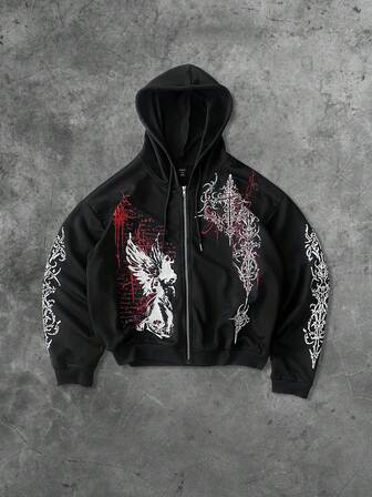 Street Life Sudadera con capucha con estampado gráfico de cruz gótica y ángel para hombres, adecuada para otoño/invierno