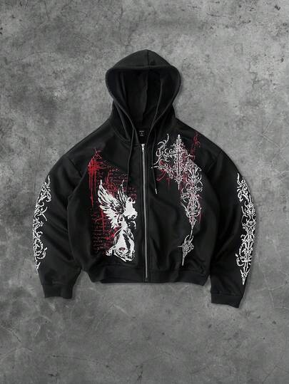 Street Life Men's Gothic Cross & Angel Print Graphic Pullover Sweatshirt, Suitable For Autumn/Winter