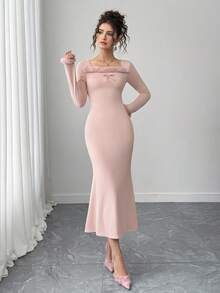 少女粉色方领蝴蝶结装饰腰部修身鱼尾下摆连衣裙，柔软甜美 - 粉色 - 查看 4