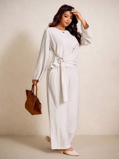 Elaquor Plus Size Casual Commuter Solid Color Shirt And Pants 2 Pieces Set