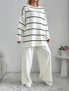 EURMUSE Women's Two Piece Set Striped White Sweater - Apricot - View 3