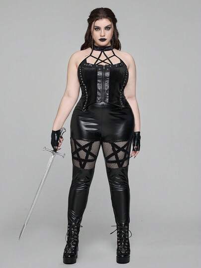 EDITION Pantalon skinny stretch en tissu PU style gothique avec patchwork en maille pentagramme pour femmes grandes tailles