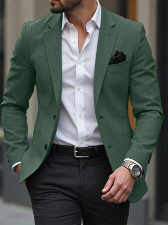 Manfinity Mode Men Space Dye Pocket Single Breasted Blazer Green Blazer Men Men Suit Jacket Men Suits Green Slim Fit Green Blazer Green Suit Jacket Men, Old Money Style