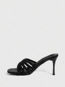 CUCCOO SZL Women's Fashion Square Toe Black Rhinestone Embellished Slip-On High Heel Party Sandals