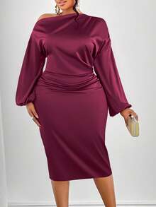 SOLERSUN 女士时尚纯色不对称领口褶饰侧边缎面紧身连衣裙长款女装 - 中紫紅色 - 查看 4