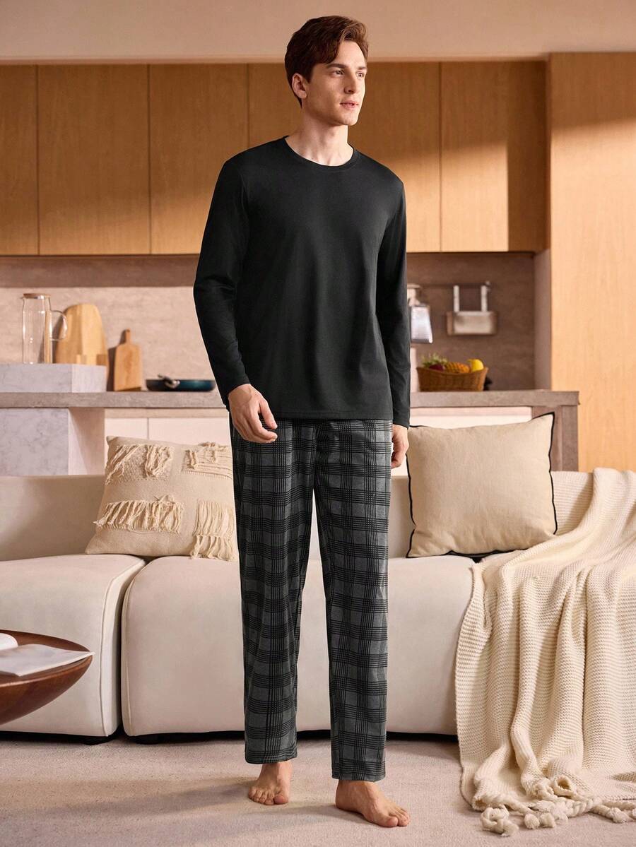 Manfinity Underwear&Sleepwear Basics 大码男士黑色格子长袖睡衣套装 - 黑色 - 查看 1