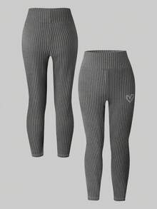 Sparklyn Tween Girl 3pcs Embroidery Heart Pattern High Waist Rib-Knit Leggings Fall Winter