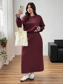 Dazy Plus 两件套加大码休闲运动卫衣和半身裙，撞色拼接，宽松版型，保暖内衬，适合圣诞节和新年穿着，秋冬季保暖两件套 - 酒紅色 - 查看 7