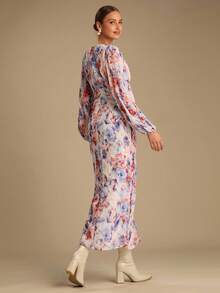 Enchnt 秋冬浪漫女士紫色花卉提花 V 领灯笼袖收腰长裙，时尚优雅，适合度假、约会、节日、毕业典礼、婚礼宾客、办公室、外出、万圣节和圣诞节，女士秋季连衣裙，女士秋季服装，女士秋季服装，返校 - 藍色 - 查看 7