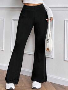 SHEIN Tall 女式休闲日常百搭紧身保暖高腰喇叭裤，松紧腰，黑色，冬季 - 黑色 - 查看 3