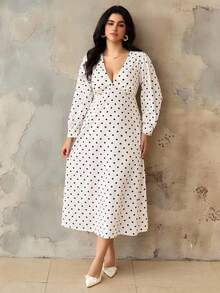 Roveilla 大码波尔卡圆点V领束腰复古连衣裙 - 杏色 - 查看 6