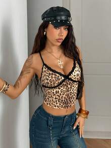 StreetHx Streetwear 女式性感豹纹蕾丝拼布吊带背心 - 棕色 - 查看 4