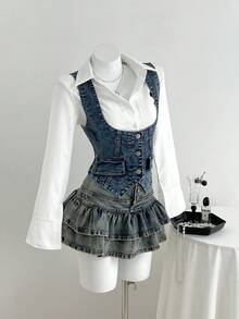 Elamini 女式时尚复古修身牛仔背心 - 藍色 - 查看 5