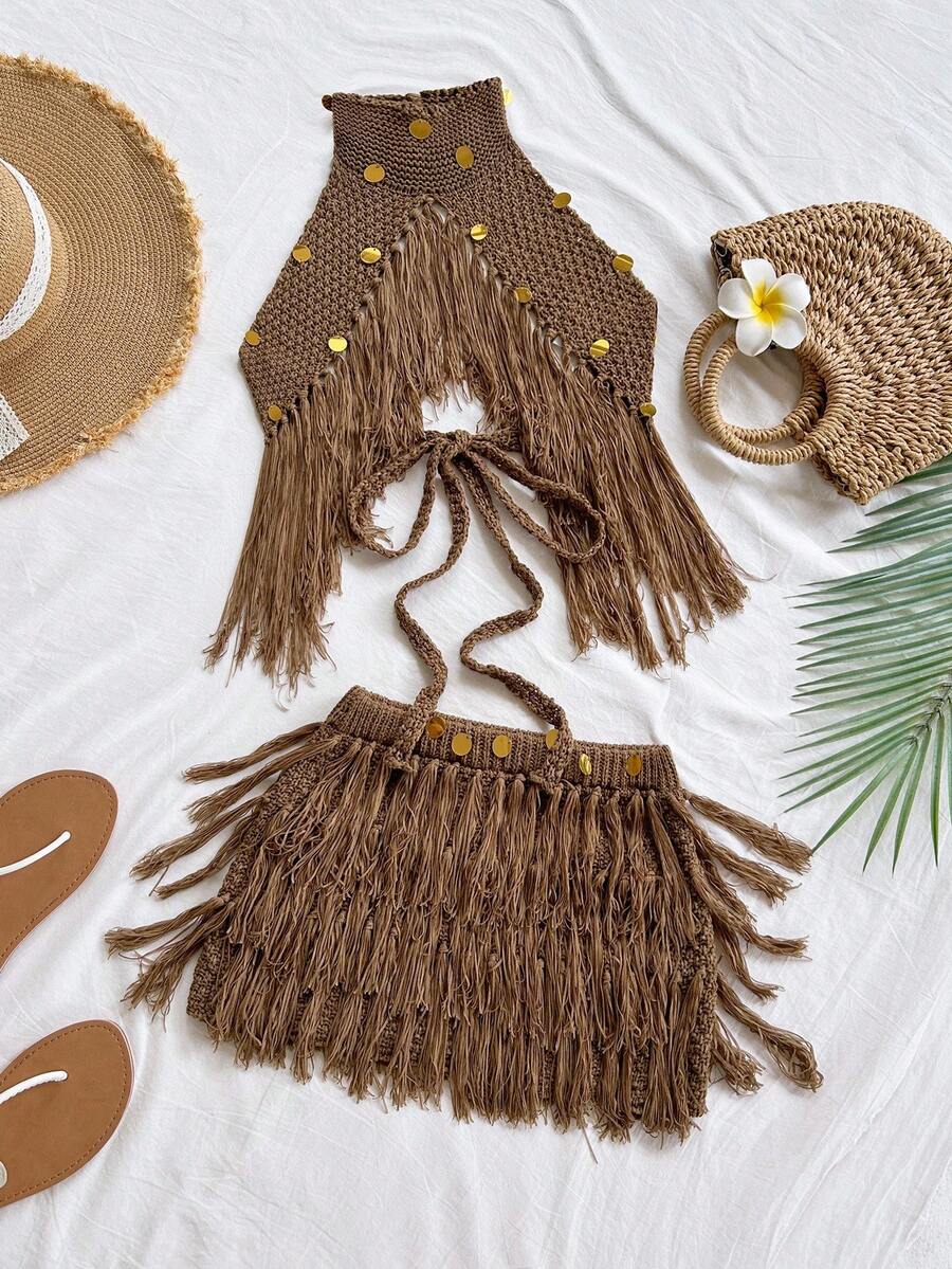 Soleia Women's Sequin Halter Fringe Knit Top And Knit Mini Skirt Set, Summer, Ibiza Style, Holiday Vacation Sexy Party Autumn/Winter,New Year's Eve Dress,Party Dress, Christmas Party Dress , Chic Evening Dress,New Year Clothes,Party Dresses For Women,Glitter Dress,New Year Clothes - Khaki - View 1