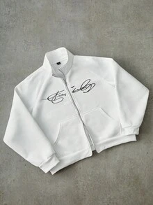 PAVTROS 男士街头风流行INS同款FREEDOM印花拉链保暖内衬卫衣，适合户外音乐节、夜店、酒吧等场合，也可作为男友/老公礼物、周年纪念礼物，白色插肩袖卫衣，秋冬季款 - 白色 - 查看 1