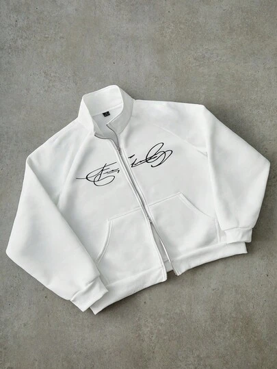 PAVTROS Men's Street-Style Popular INS Matching FREEDOM Print Zip-Up Thermal Lined Sweatshirt, Suitable For Outdoor Music Festivals, Nightclubs, Bars, Boyfriend/Husband Gift, Anniversary Gift, White Raglan Sleeve Sweatshirt, Fall/Winter