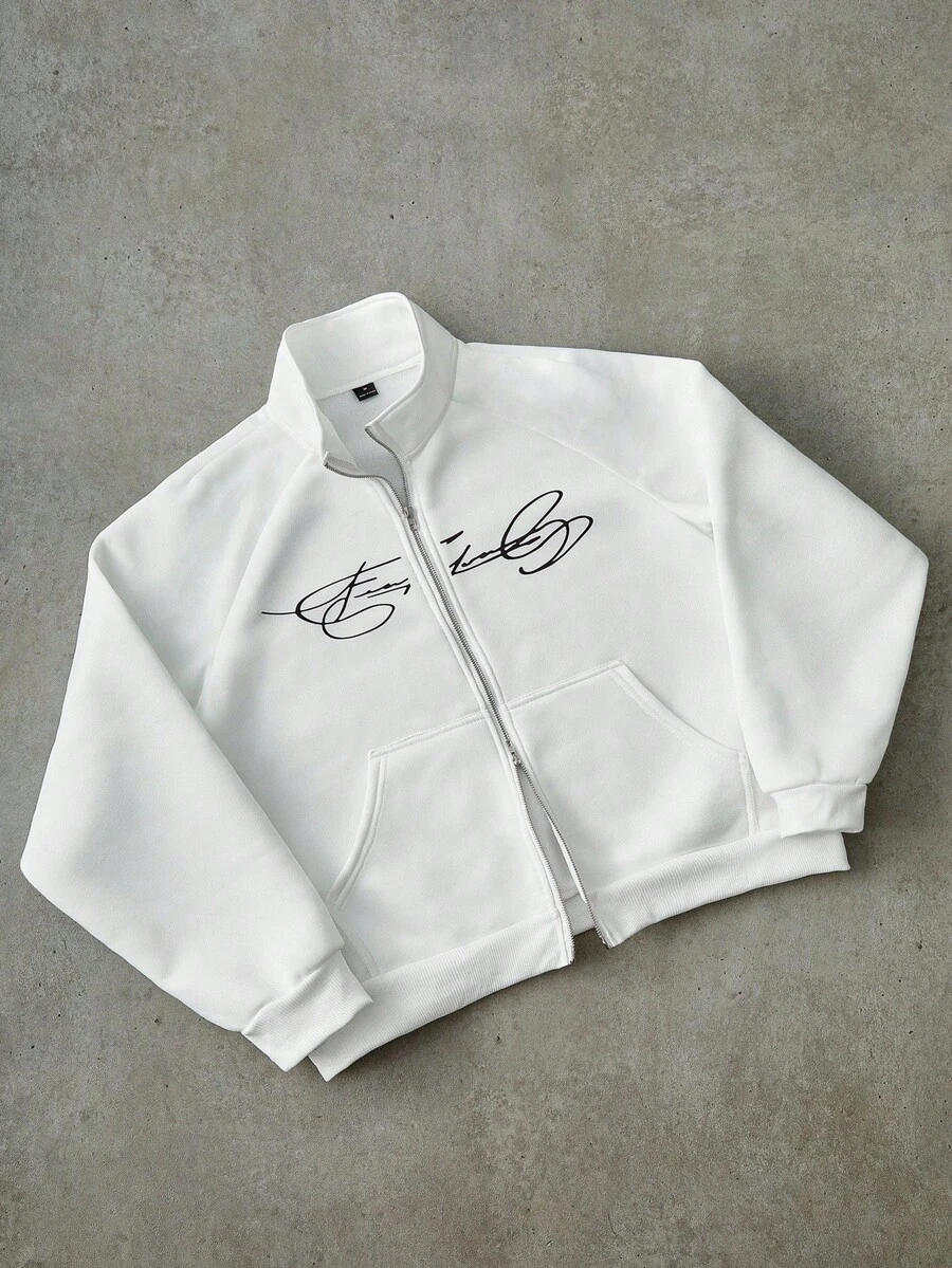 PAVTROS 男士街头风流行INS同款FREEDOM印花拉链保暖内衬卫衣，适合户外音乐节、夜店、酒吧等场合，也可作为男友/老公礼物、周年纪念礼物，白色插肩袖卫衣，秋冬季款 - 白色 - 查看 1