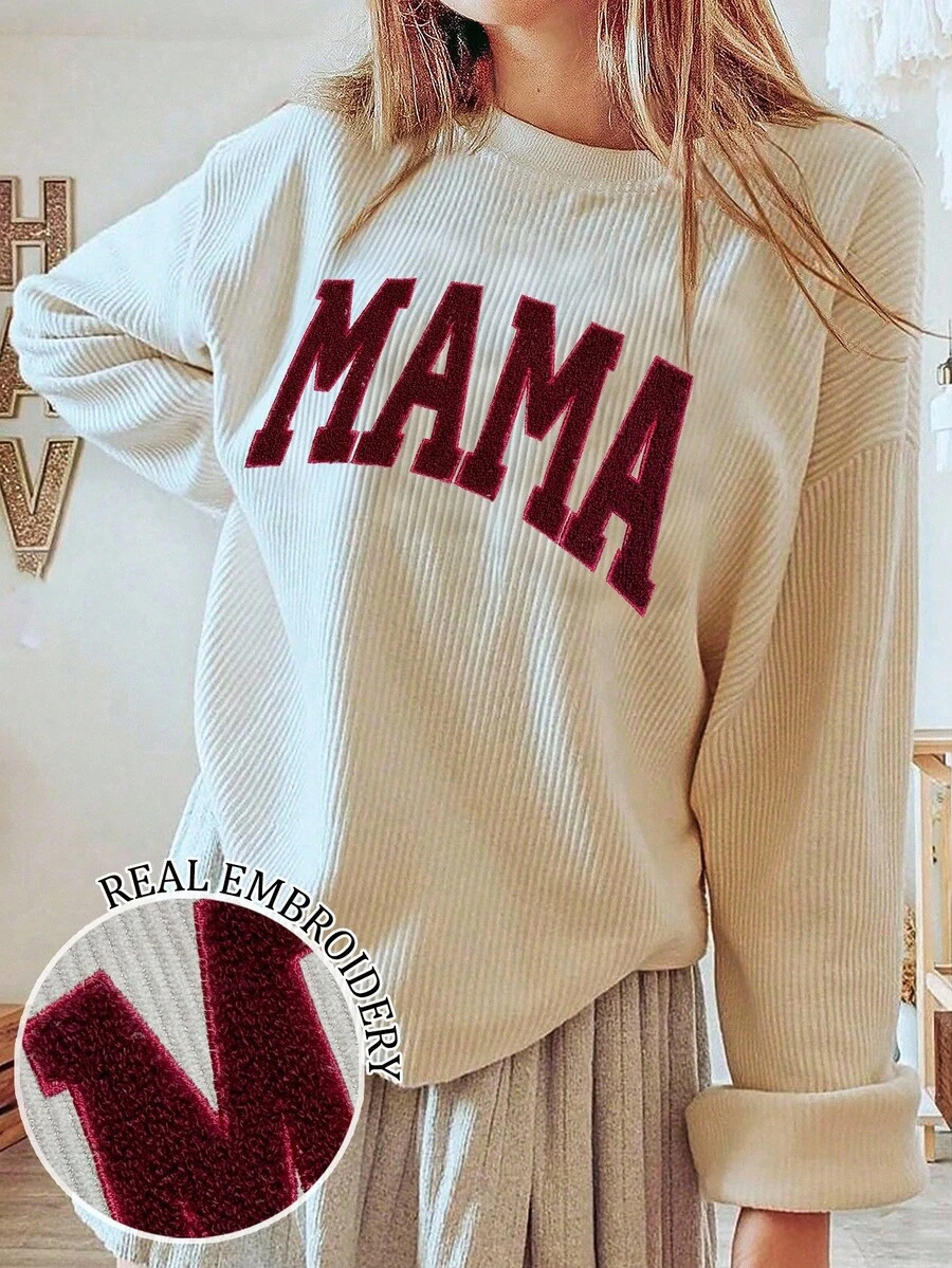 EMERY ROSE MAMA 字母刺绣时尚简约女士圆领灯芯绒长袖运动衫，送给朋友的礼物，秋冬 - 米色 - 查看 1