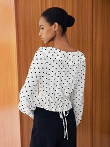 Lumivelle Women's V-Neck Ruffle Patchwork Elegant Polka Dot Long Sleeve Cinched Waist Commuter Blouse - White - View 2