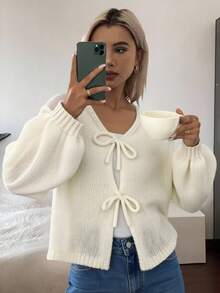 DAZY Women's Bowknot V-Neck Loose Casual Soft Cardigan, New Style For Autumn/Winter - Beige - View 4