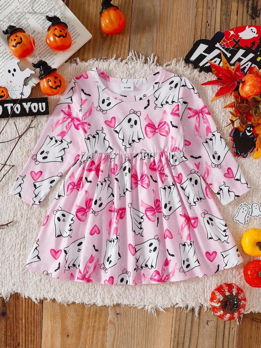 SHEIN Baby Mädchen Halloween Geist & Kürbis Muster süßer, lässiger und bequemer Langarm Feiertags-Outfit