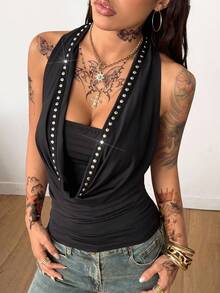 Coolane 女士秋冬街头服饰 外出复古时尚 文艺复兴西部牛仔装 Y2K 辣妹垂坠领修身露背串珠吊带上衣 - 黑色 - 查看 6