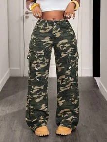 BamGleam Camouflage & Leopard Print Patchwork Cargo Jeans For Women - Army Green - View 4