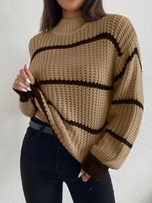 Celisse Casual Contrast Color Striped Drop Shoulder Sweater, Autumn/Winter - Brown - View 5