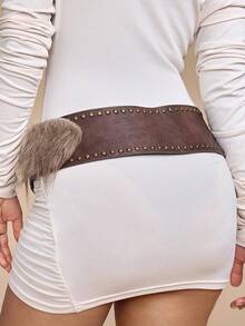 ROMWE J-Fashion 1pc Women's Brown Furry Decor Western Boho Style Rivet Embellished Wide Waist Belt, Versatile Accessory For Dresses, Jeans - Brown - View 4