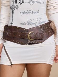 ROMWE J-Fashion 1pc Women's Brown Furry Decor Western Boho Style Rivet Embellished Wide Waist Belt, Versatile Accessory For Dresses, Jeans - Brown - View 6