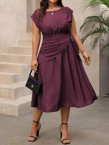 Vionelle 大码女式春夏单竹针织优雅亚麻度假沙滩裙，欧美风格休闲派对圆领荷叶边肩部系带蝴蝶结，弹力宽松蝙蝠袖长裙 - 紫紅色 - 查看 1