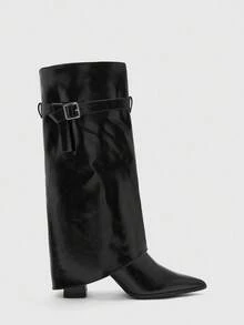 CUCCOO BIZCHIC Botas de mujer de moda europea y americana con puntera puntiaguda, tacón grueso y cremallera lateral - Negro - Ver 2