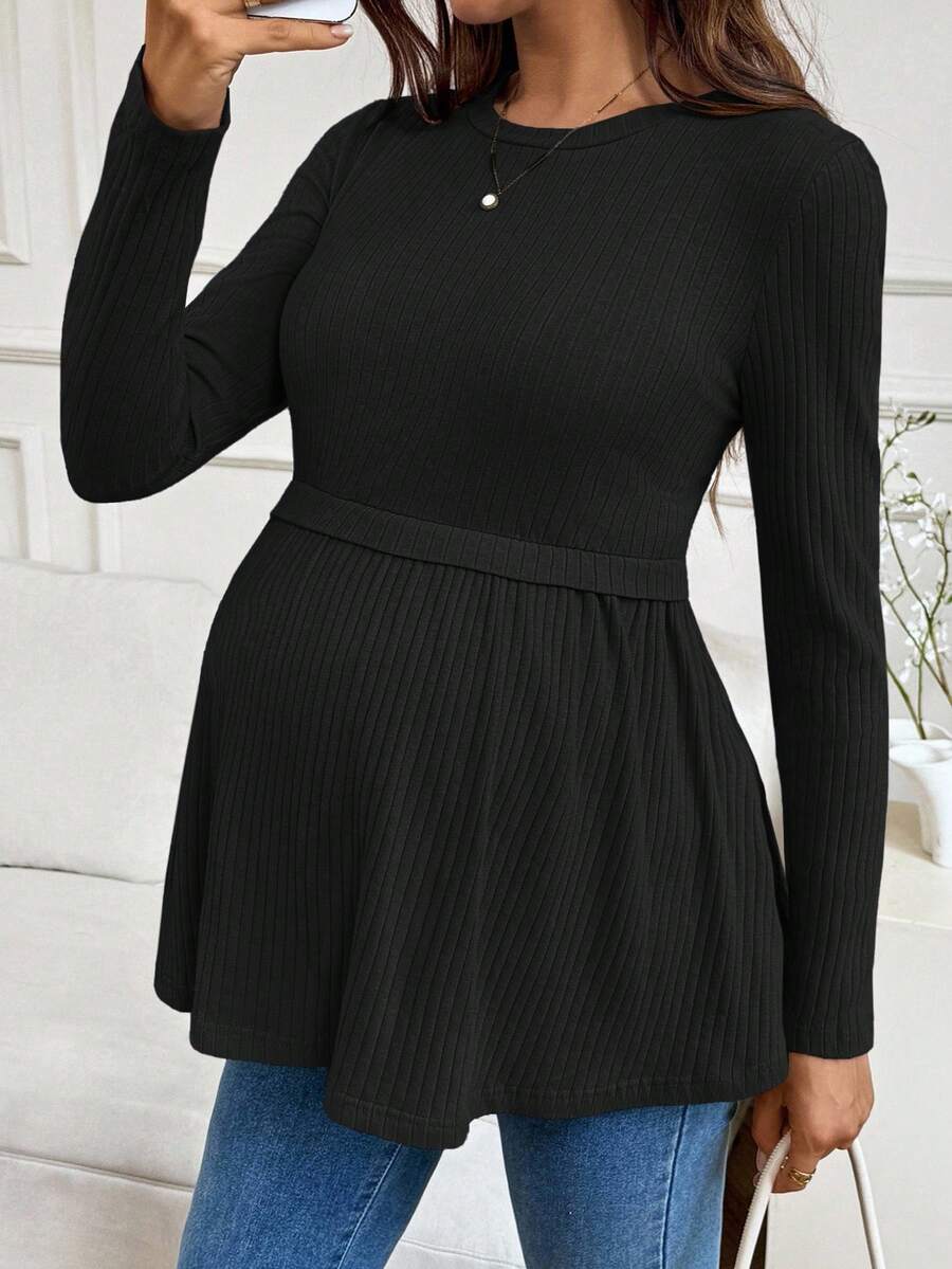 SHEIN 孕妇纯色圆领长袖罗纹荷叶边下摆休闲T恤 - 黑色 - 查看 1