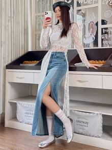 Rivivi 女式口袋开衩时尚性感牛仔长裙 - 藍色 - 查看 4